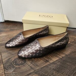 Enzo Angiolini Genius Metallic Gray Leather Woven Flats, 8 1/2